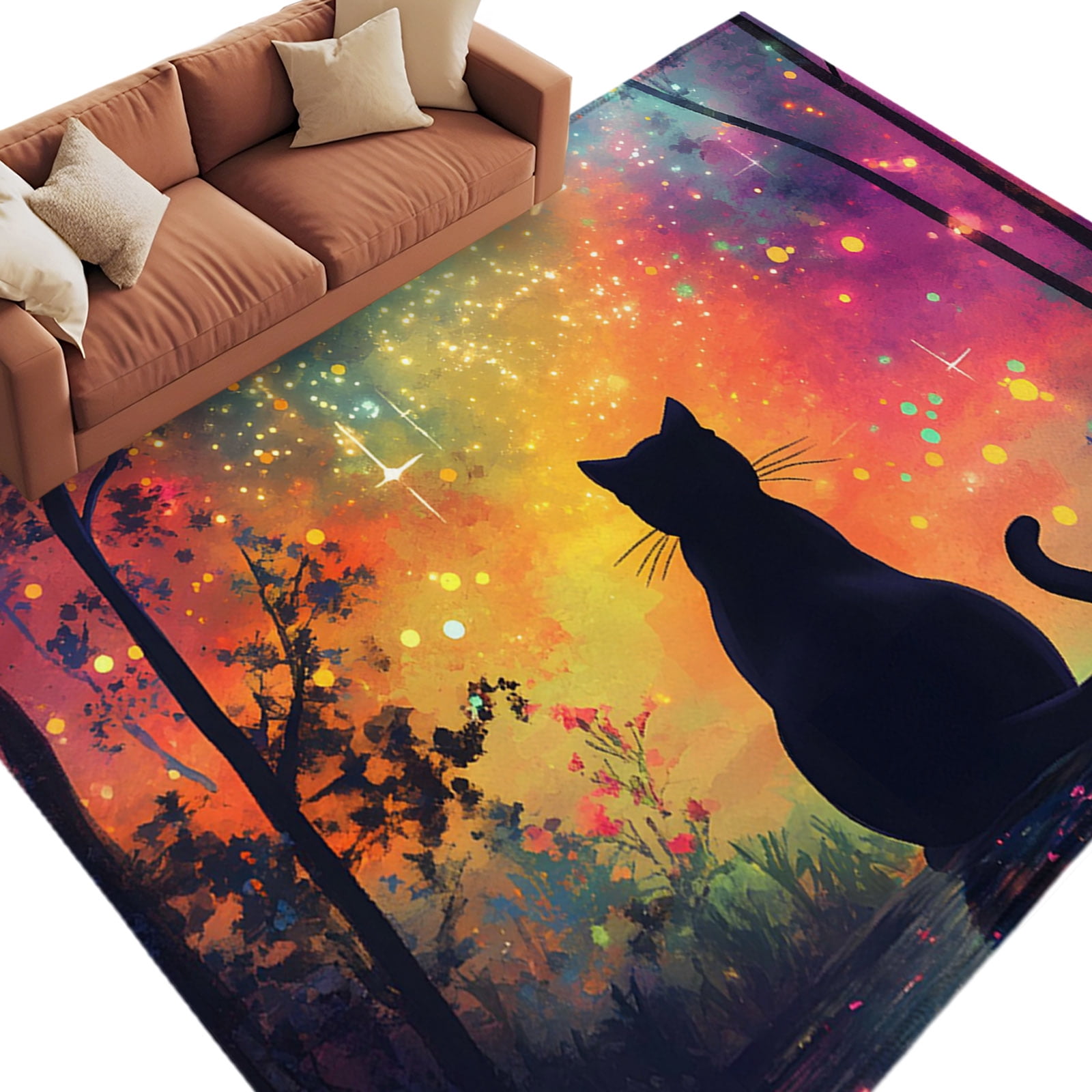 Black Cat Silhouette Washable Living Room Rugs 9'x12', Starry Night ...