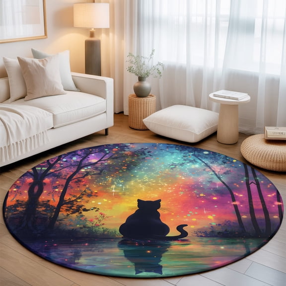 Black Cat Silhouette Washable Round Area Rug 6 ft, Starry Night Enchanted Forest Fantasy Soft Non Slip Rugs Stain Repellent Indoor Felt Carpet for Living Dining Room Bedroom Home Office
