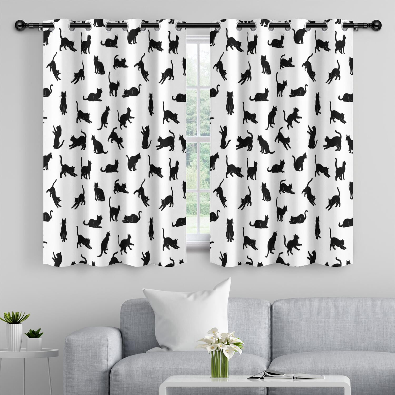Image showcasing Black Cat Silhouette White Pattern Blackout Curtains,Triple Weaved ...