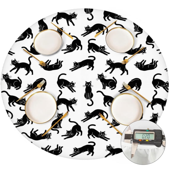 Black Cat Silhouette White Pattern Round Fitted Tablecloth with Elastic Edge, Waterproof Dining Table Cover for Indoor Outdoor Camping and Daily Use