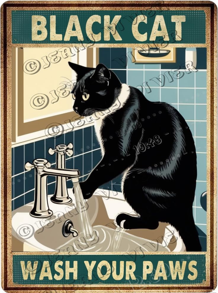 Black Cat & Sink Co. Wash Your Paws Retro Aluminum Sign 12x8 in Metal ...