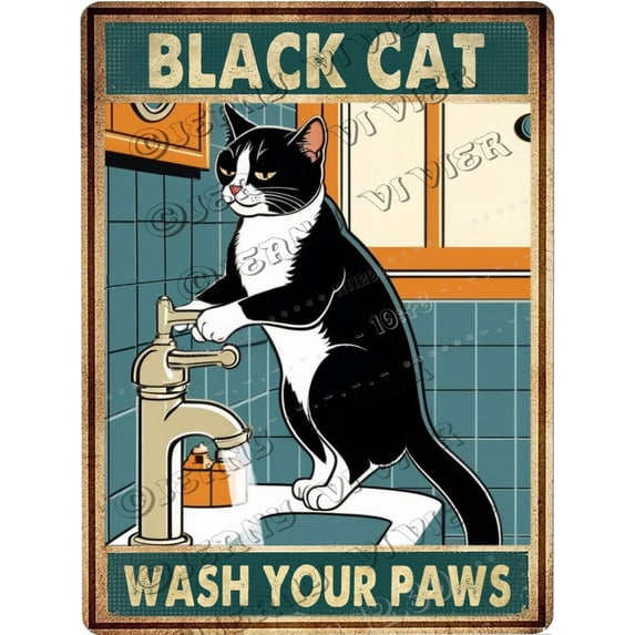 Black Cat & Sink Co. Wash Your Paws Vintage Aluminum Sign 12x16 IN Cat Decor Cat Gifts Funny Cat Bathroom Metal Sign
