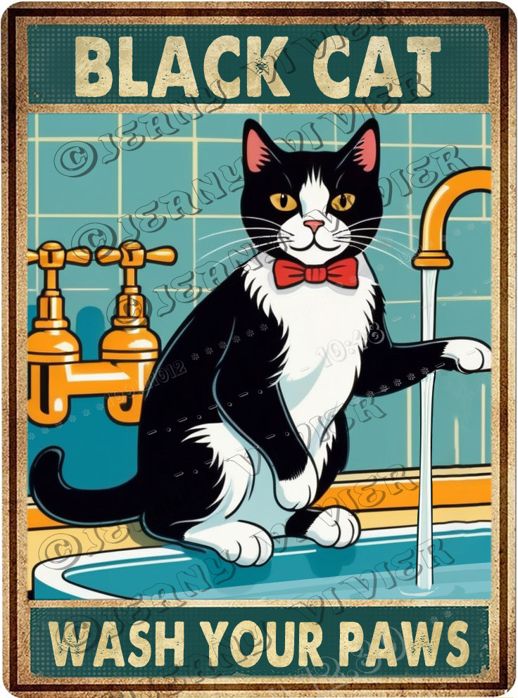 Black Cat & Sink Co. Wash Your Paws Vintage Aluminum Sign 5.5x8 IN Cat ...