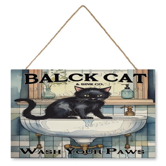 Black Cat In The Sink Wooden Hanging Sign Black Cat Decor Rustic Farmhouse Wood Sign Home Office Decoration Funny Cat Bathroom Decor Cat Lovers Gifts 10"x16"