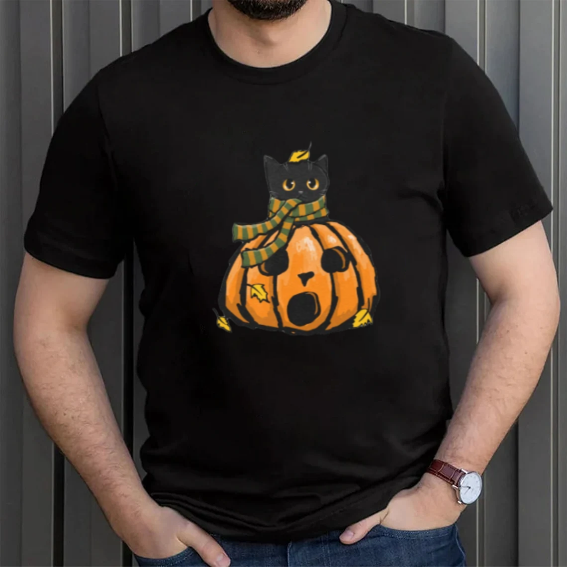 Black Cat Sitting In Pumpkin Jack O Lantern Halloween Unisex T-Shirt ...