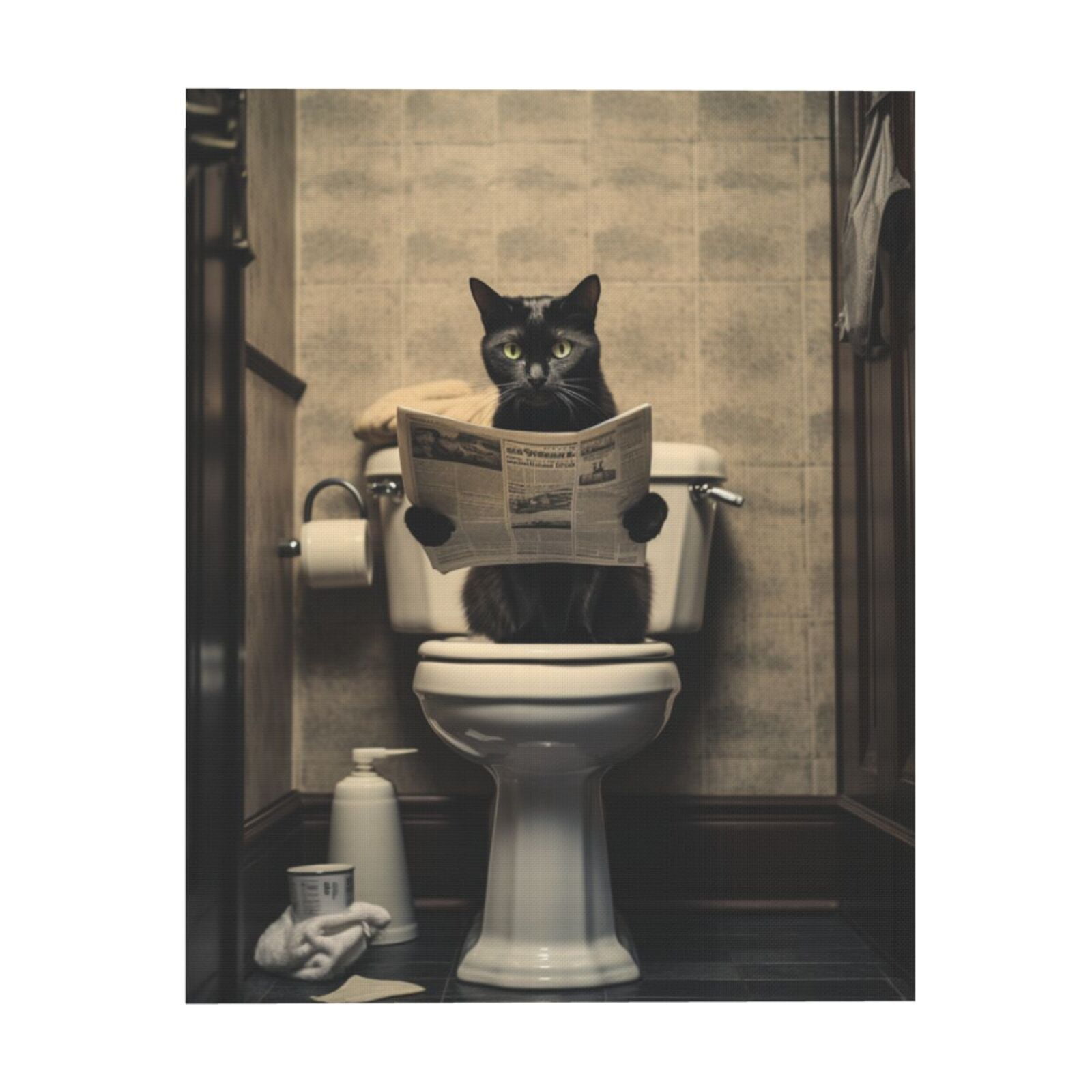 Black Cat Sitting On The Toilet And Reading A Newspaper (4) Canvas ...