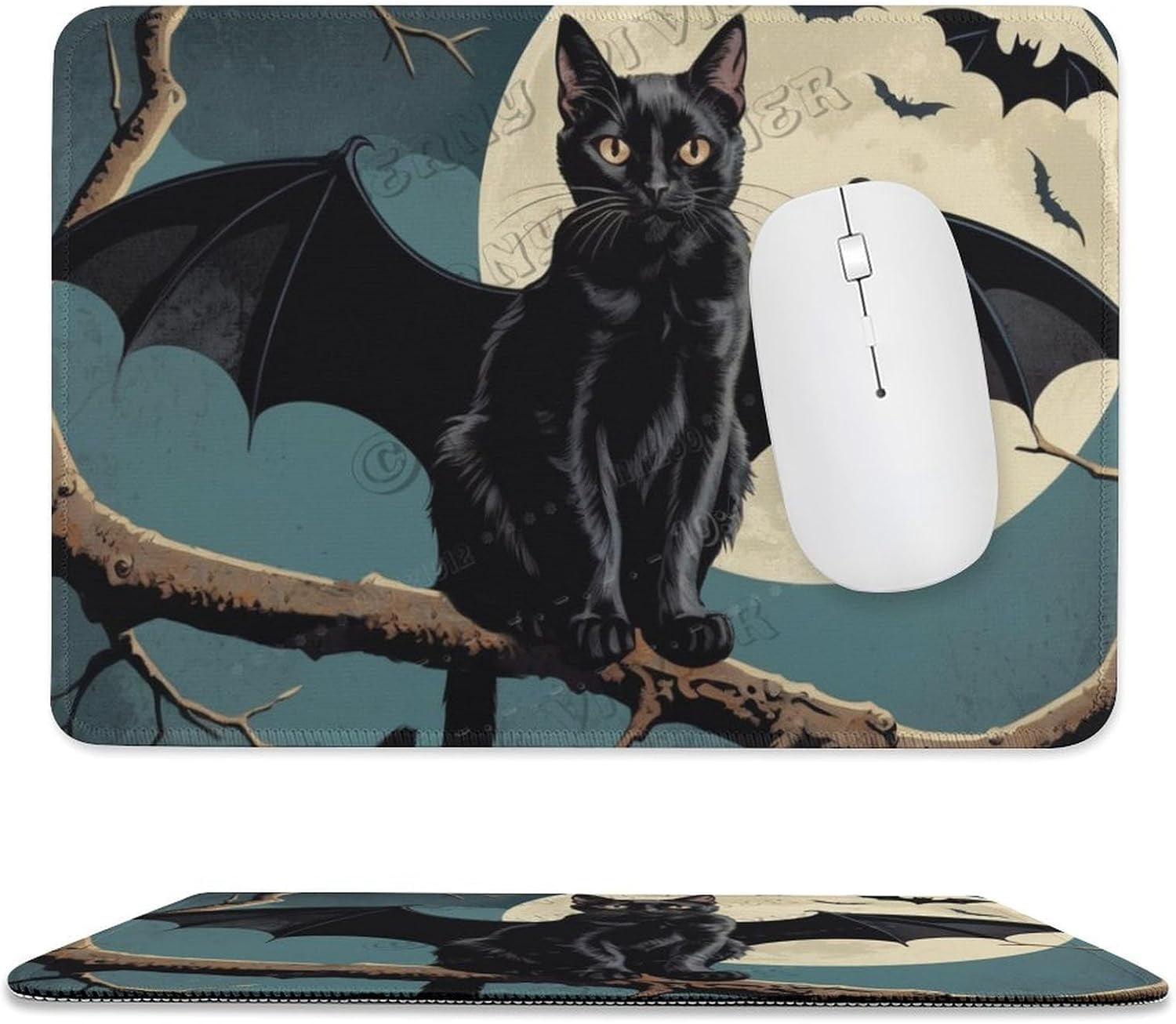 Black Cat Sitting on The Tree Print Mouse Pad with Stitched Edge ...