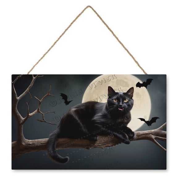 Black Cat Sitting on The Tree Wooden Hanging Sign Happy Halloween Patty Decor All Saints' Day Decor Horror Wood Wall Art Halloween Festivities Indoor Decor 10"x16"