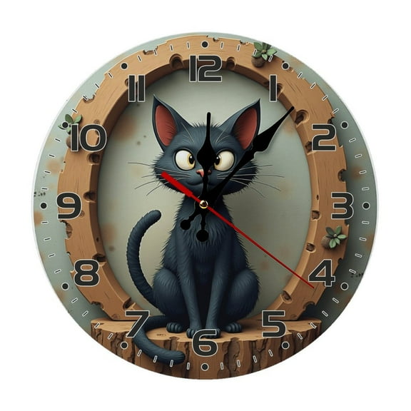 Black Cat Sitting Wall Clock 10 Inch Silent Non Ticking Round Clock Decoration for Living Room Kitchen Bedroom Bathroom Office Classroom
