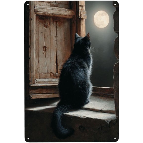 Black Cat Sitting by Old Wooden Door Metal Tin Sign, Full Moon Aluminum Wall Art Poster for Living Room or Bedroom, 8x12 Inch