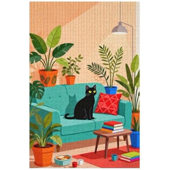 Black Cat Sitting on Couch with Plants 500 Piece Jigsaw Puzzles for Adults, Modern Home Interior Art Puzzle, Relaxing Cat Theme Jigsaw Puzzle