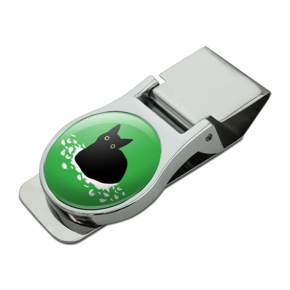 Black Cat Sitting on Feathers Satin Chrome Plated Metal Money Clip