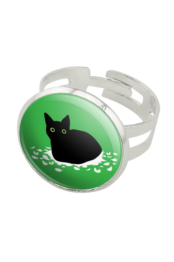 Black Cat Sitting on Feathers Silver Plated Adjustable Novelty Ring