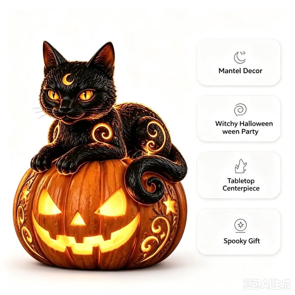 Black Cat Sitting on Jack-o-Lantern Light Up Figurine Spooky Halloween Decoration Gothic Table Centerpiece