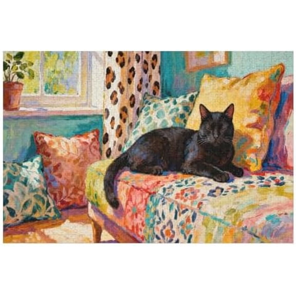 Black Cat Sitting on Sofa 500 Piece Puzzle for Adults, Cute Animal Jigsaw Puzzle, Fun Family Game, Challenging and Decorative Puzzle, 20.5x15 in
