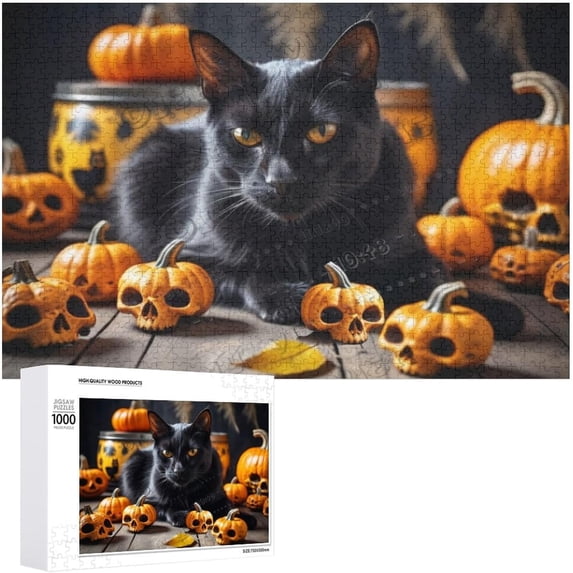 Black Cat Skeleton Halloween Wood Sign 500 Piece Jigsaw Puzzle 20.5
