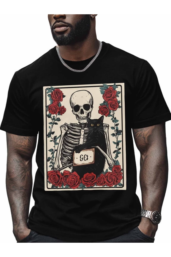 Black Cat Skull Men's T Shirts Rose Vintage T-Shirt for Men Crew Neck Tees Cotton Tops, Black, 2XL
