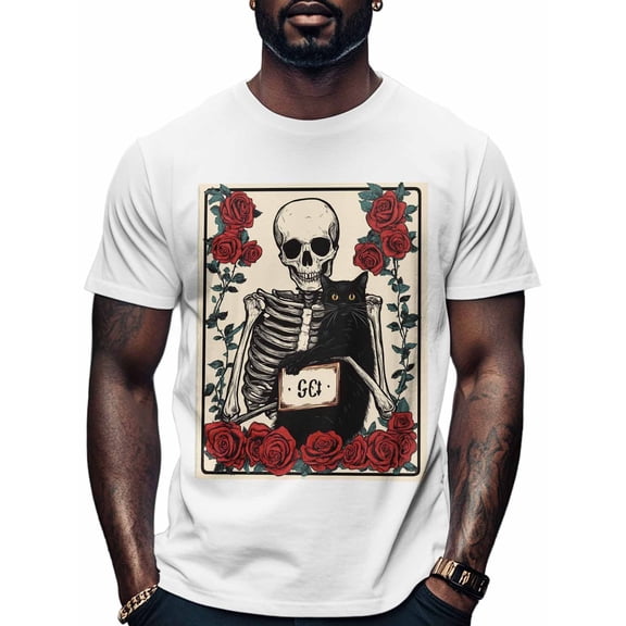 Black Cat Skull Men's T Shirts Rose Vintage T-Shirt for Men Crew Neck Tees Cotton Tops, White, S