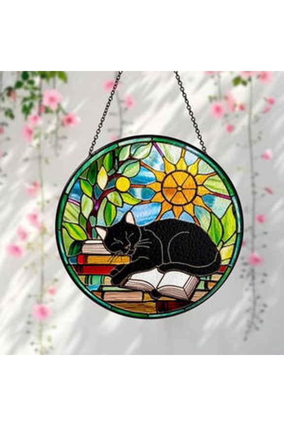 Black Cat Sleeping On Book Glass Suncatcher,Book Window Decor,Pet Lover,Pet Memorial Gift,Pet Sympathy Gift,Handmade Cat Ornament, 6.3 in