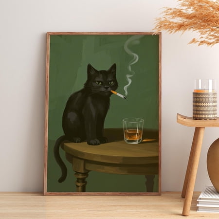 Black Cat Smoking Cigarette Pet Portrait Cat With Whiskey Black Cat Art Cute Black Cat Lover Gift Cat Smoking Poster