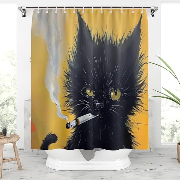 Black Cat Smoking Shower Curtain,Funny Cartoon Black Cat Shower Curtain Sets for Bathroom with 12 Hooks,Funny Animal Waterproof Bath Curtain Cloth Fabric Bathroom Decor 72 x 72 Inch