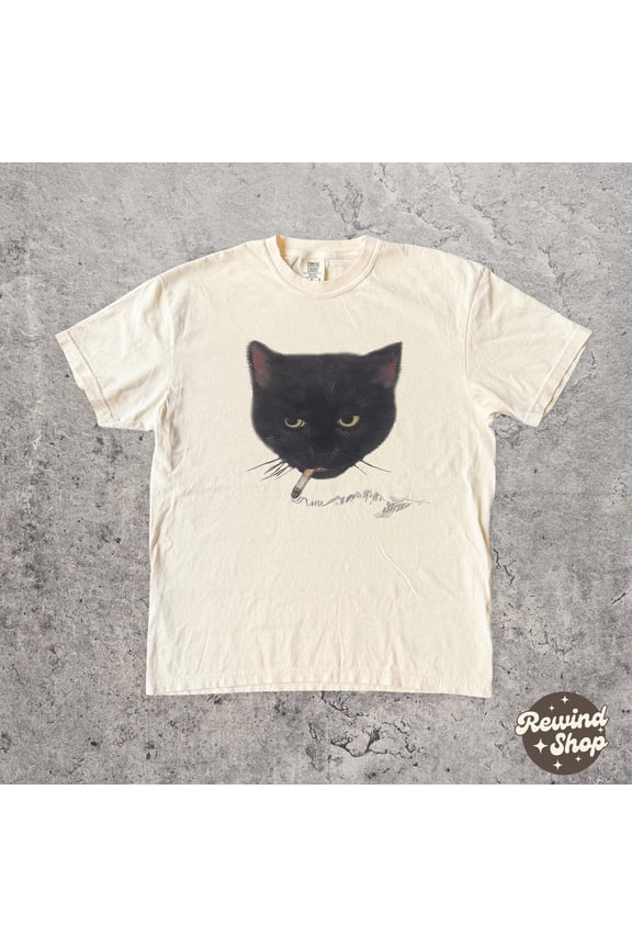 Black Cat Smoking Tshirt y2k Kitty Graphic Tee Cat alt Clothing