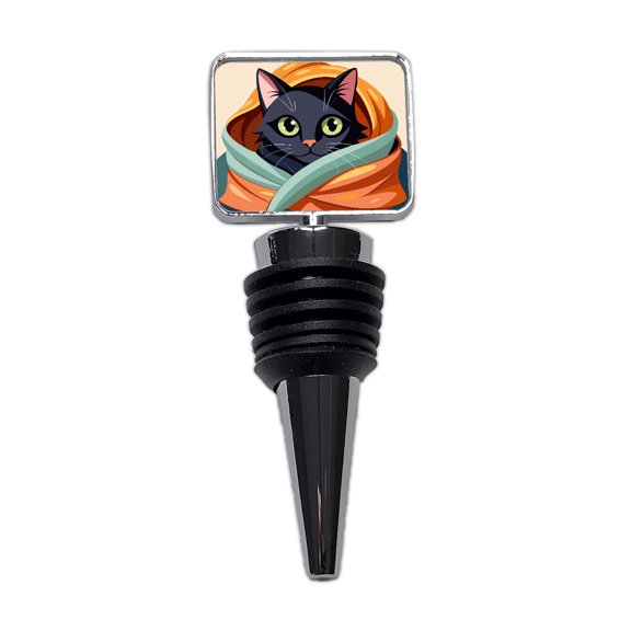Black Cat Snuggling in Blanket Wine Bottle Stopper Cap Plug