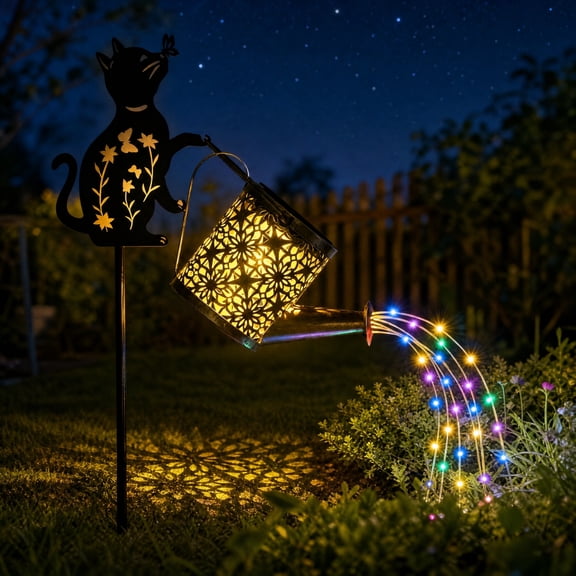 Black Cat Solar Watering Can with Lights Floral Butterfly Solar Ground Stake Light Hanging Solar Waterfall LED Garden Decor for Front Walkway Lawn Garden Path Backyard Cottage