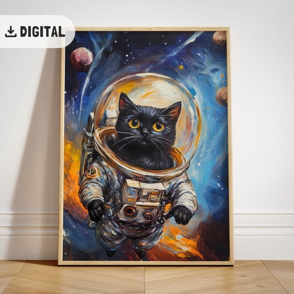 Black Cat Space Astronaut Poster, Futuristic Wall Decor, Poster Sci Fi Cat Poster, Unframed Poster Size 8x12