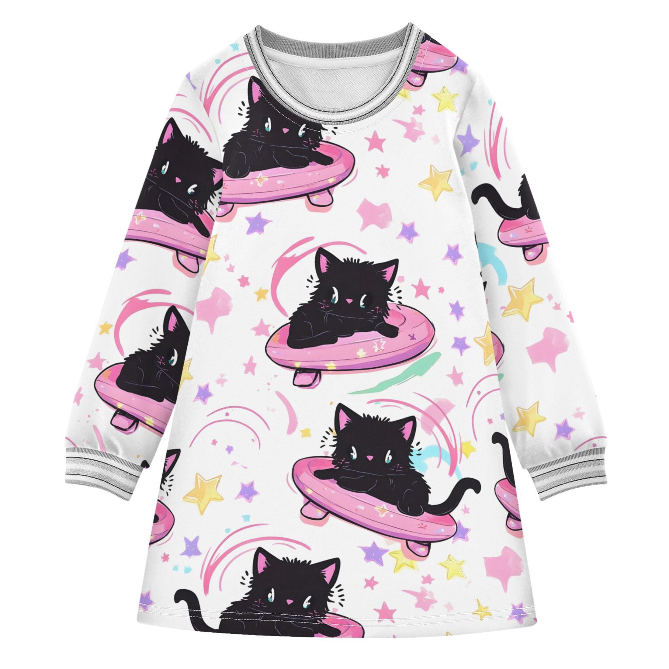 Black Cat Spaceship Pattern Girls'long-sleeved dress Thickened A-dress ...