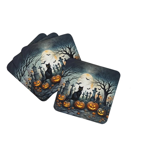 Black Cat Spooky Halloween Foam Coaster Set of 4 3.5 in x 3.5 in