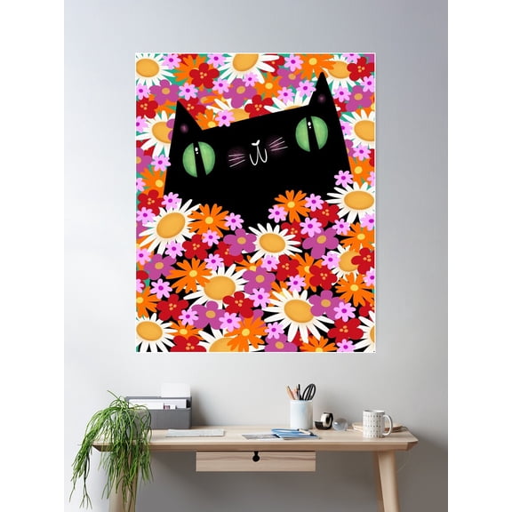 Black Cat Spring Flowers Poster Wall Art, Modern Wall Decor For Living Room Bedroom, 8x12 UNFRAMED