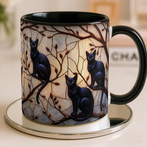 Black Cat Stained Glass Mug Gothic Coffee Cup Cat Lover Gift