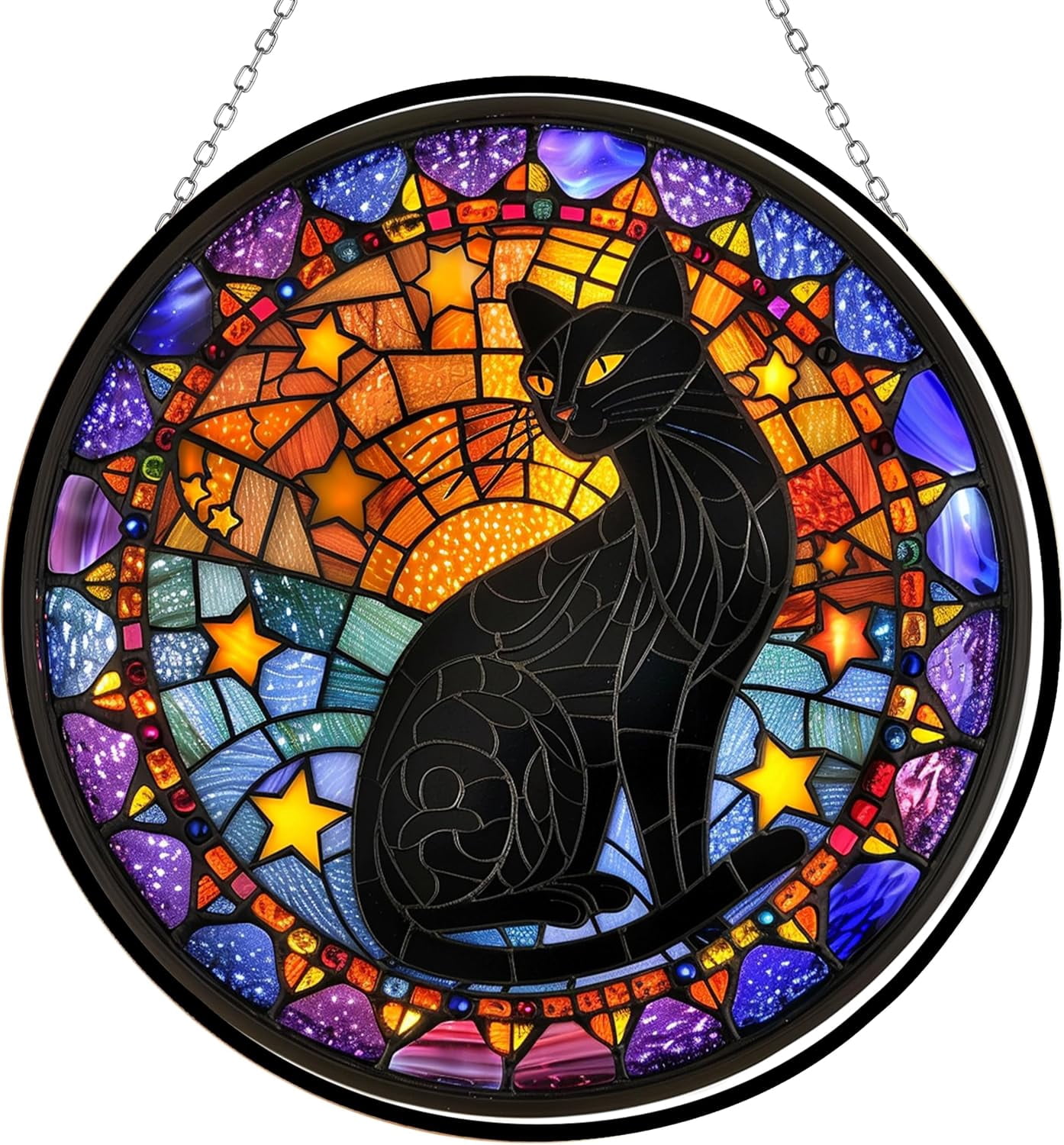 Black Cat Stained Glass Sun Catcher with Mountain Stained Glass Window ...