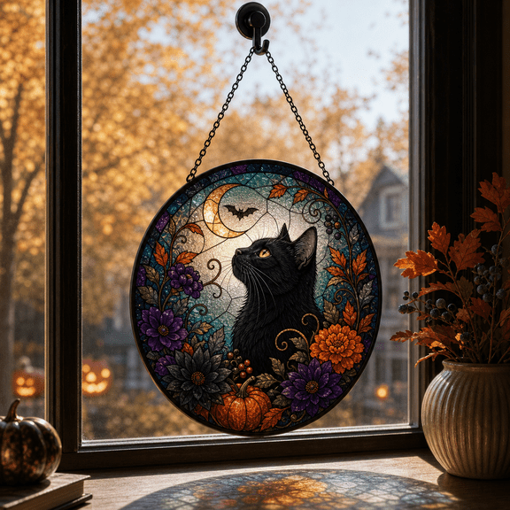 Black Cat Stained Glass Suncatcher Halloween Floral Window Hanging Cat Lover Gift
