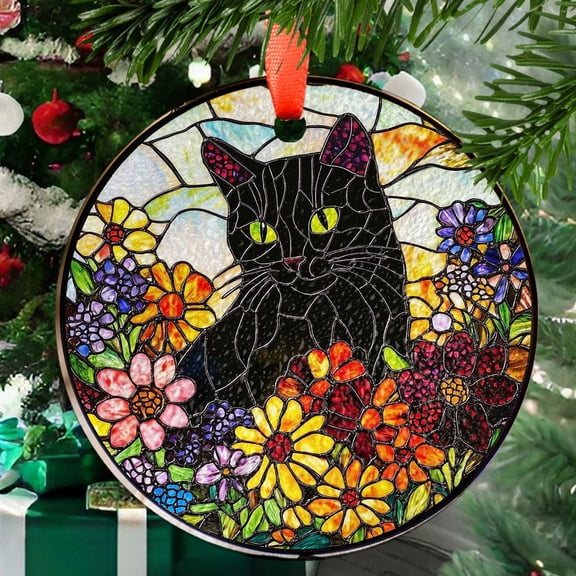 Black Cat Ornament Suncatcher  Round Floral Window Hanging, Colorful Garden Cat Decor, Gift for Cat Lover, Summer Glass Art Panel, 2025, Holiday 2025, Festive Home Accent,
