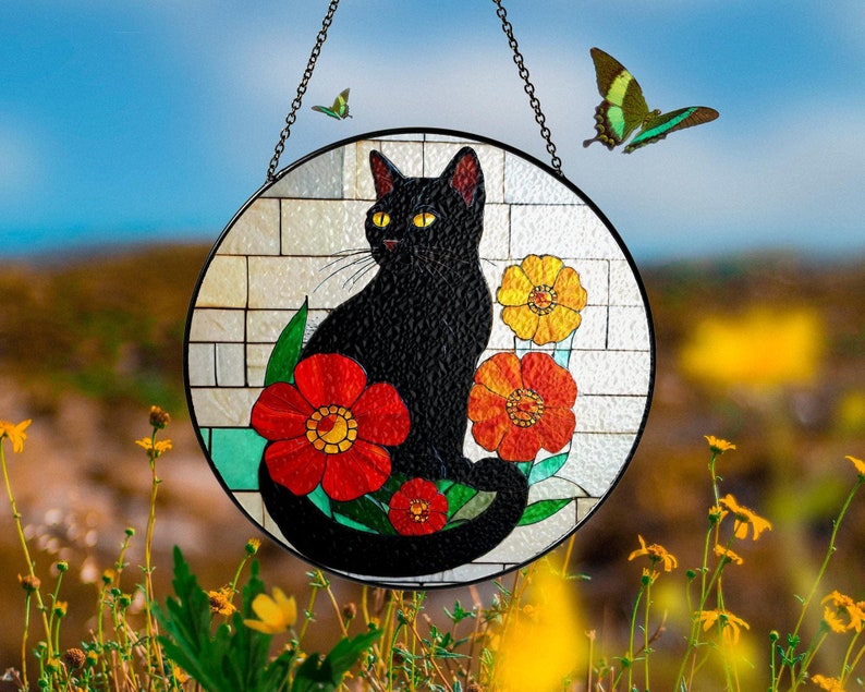 Black Cat Stained Glass Suncatcher, Spooky Tabby Cat Window Hanging ...