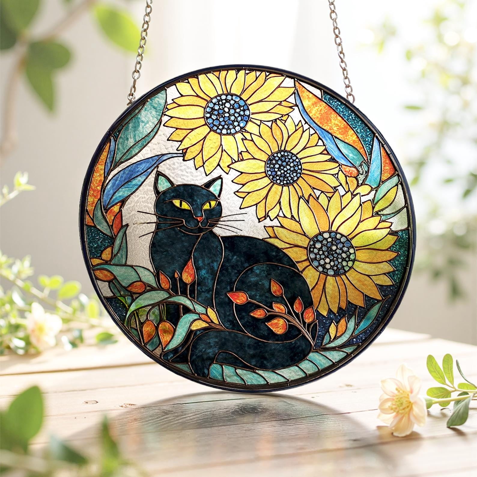Black Cat Stained Glass Suncatcher Sunflower Accent Window Decor ...