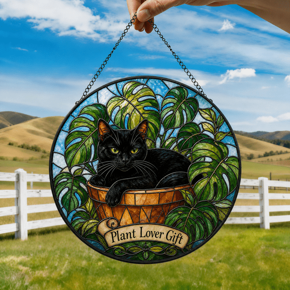 Black Cat Stained Glass Suncatcher Window Hanging Acrylic Plant Lover Gift