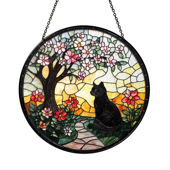 Black Cat Stained Glass Suncatcher Window Hanging Featuring Cat with ...
