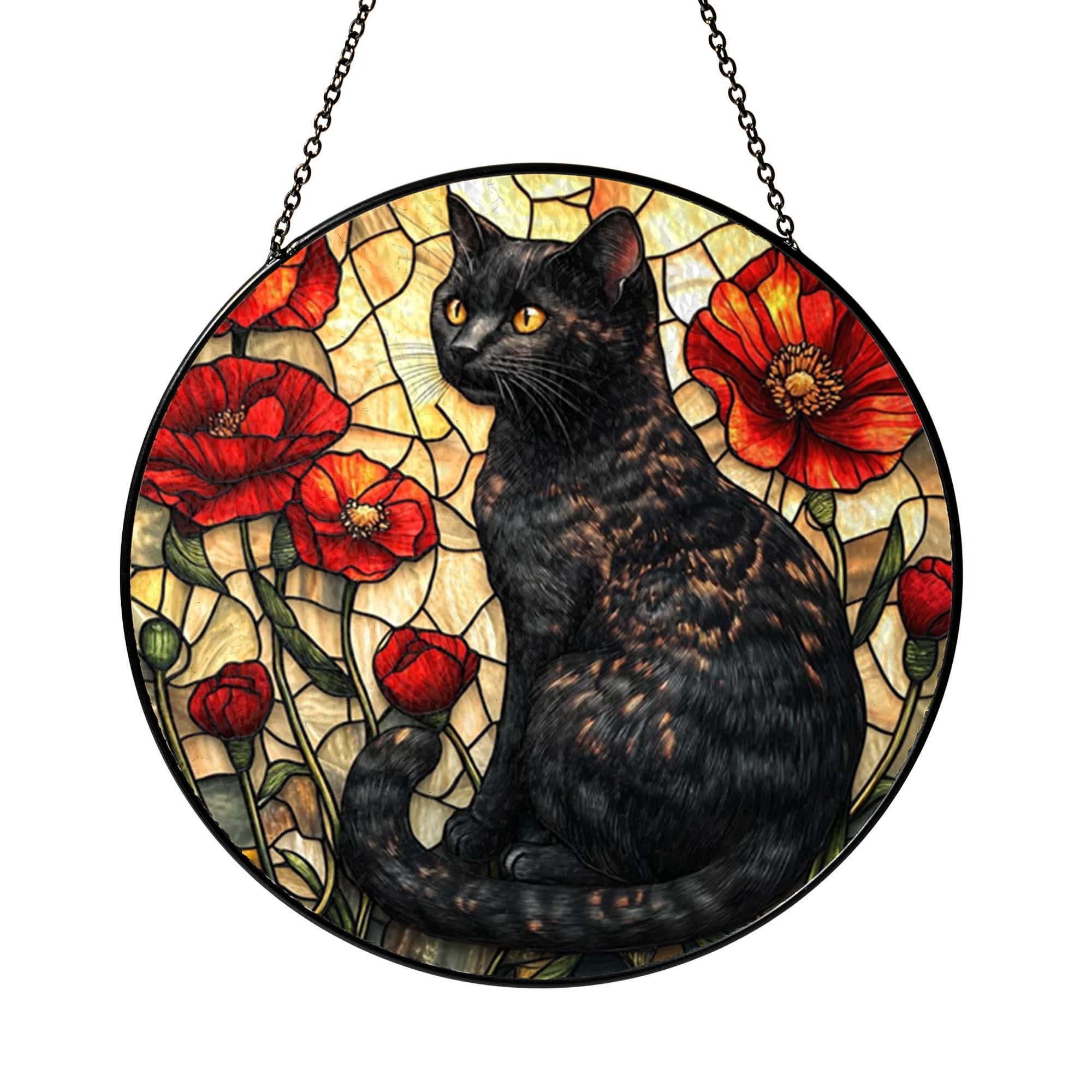 Black Cat Stained Glass Suncatcher With Red Flowers Floral Window ...