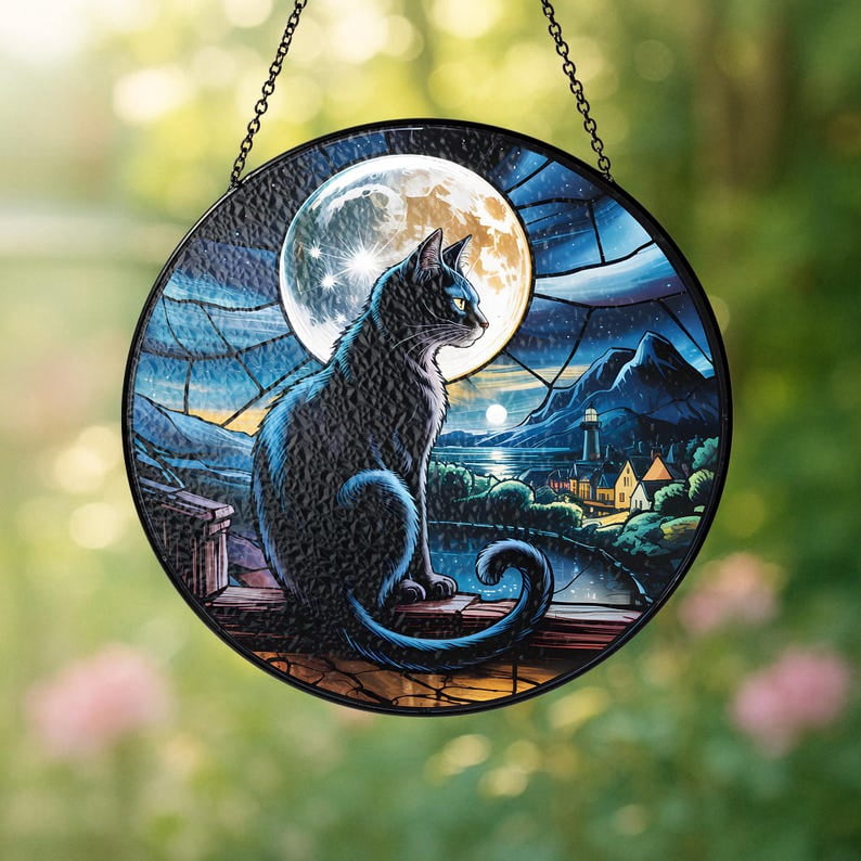 Black Cat Stained Glass Suncatcher with Full Moon, Cat Glass Window ...