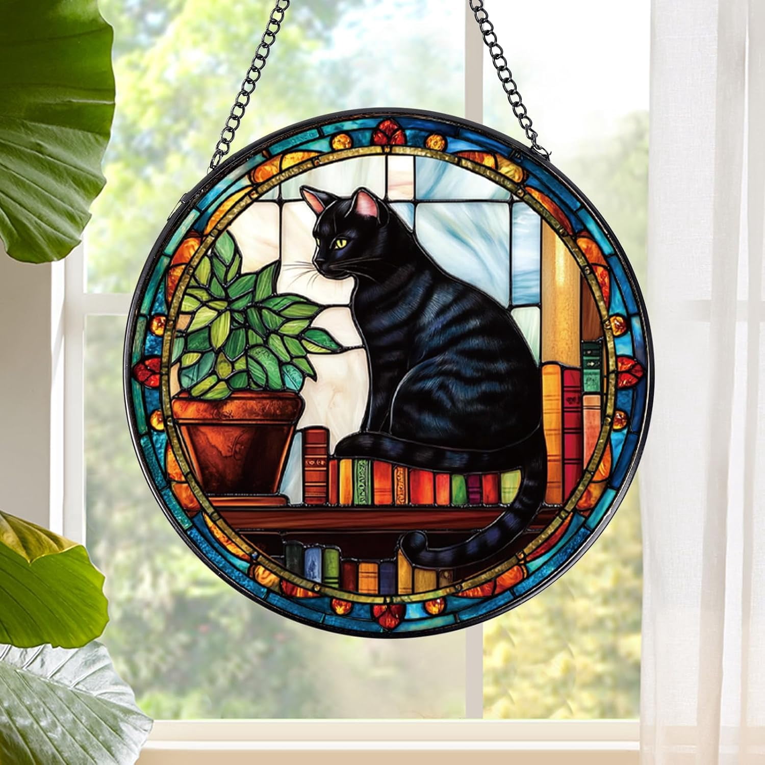 Black Cat Stained Glass Window Hanging Gifts for Women, 7.8″ Book ...
