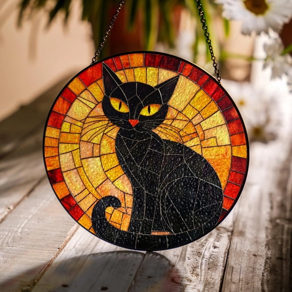 Black Cat Stained Glass Window Hanging – Round Sun Catcher for Cat ...