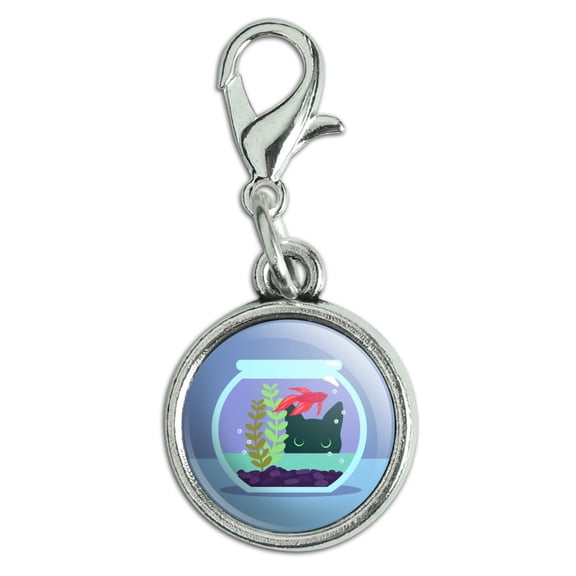Black Cat Staring at Betta Fish Bowl Antiqued Bracelet Pendant Zipper Pull Charm with Lobster Clasp