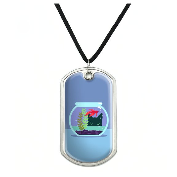 Black Cat Staring at Betta Fish Bowl Military Dog Tag Pendant Necklace with Cord