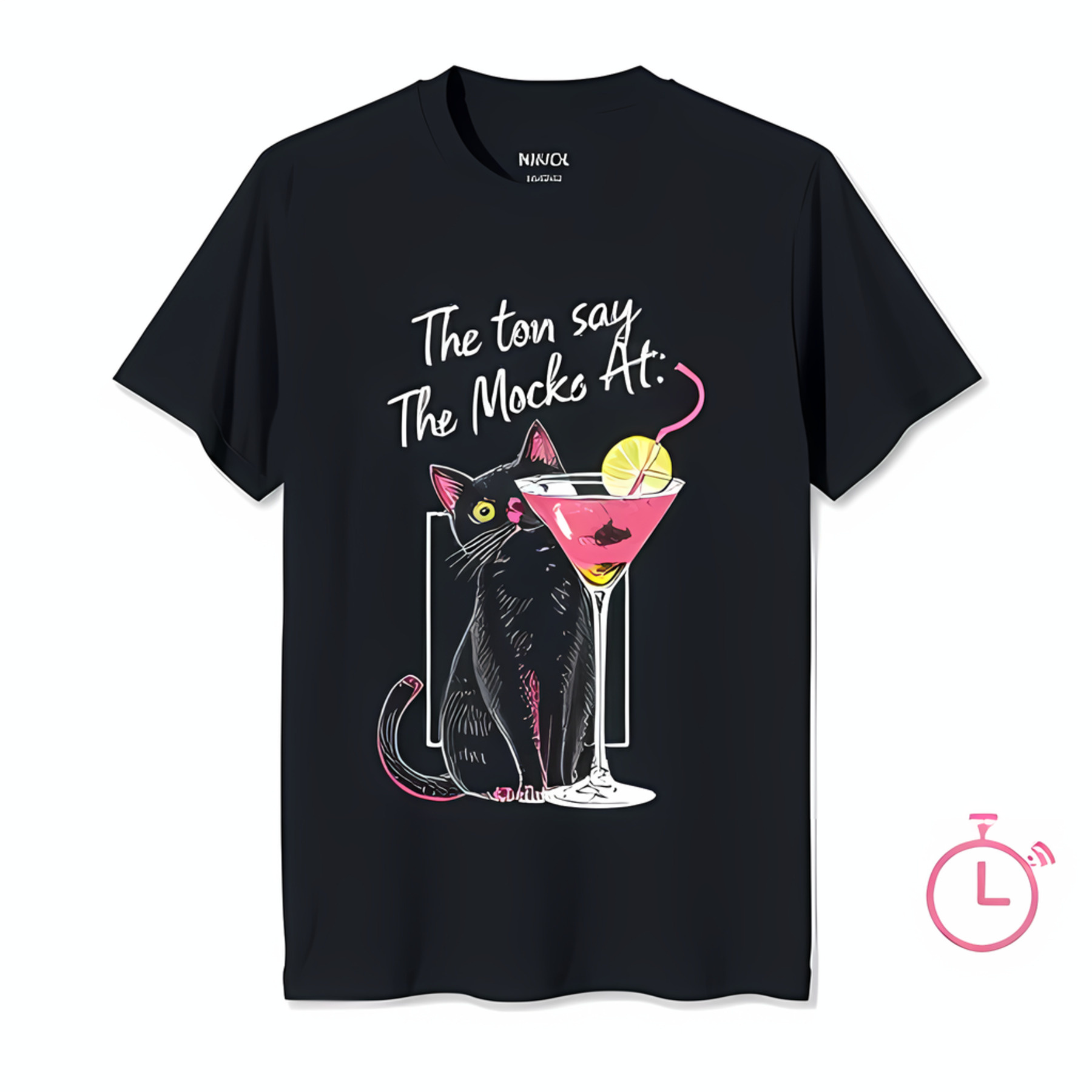 Black Cat Staring at Pink Cocktail TShirt with Fun Text and Timer