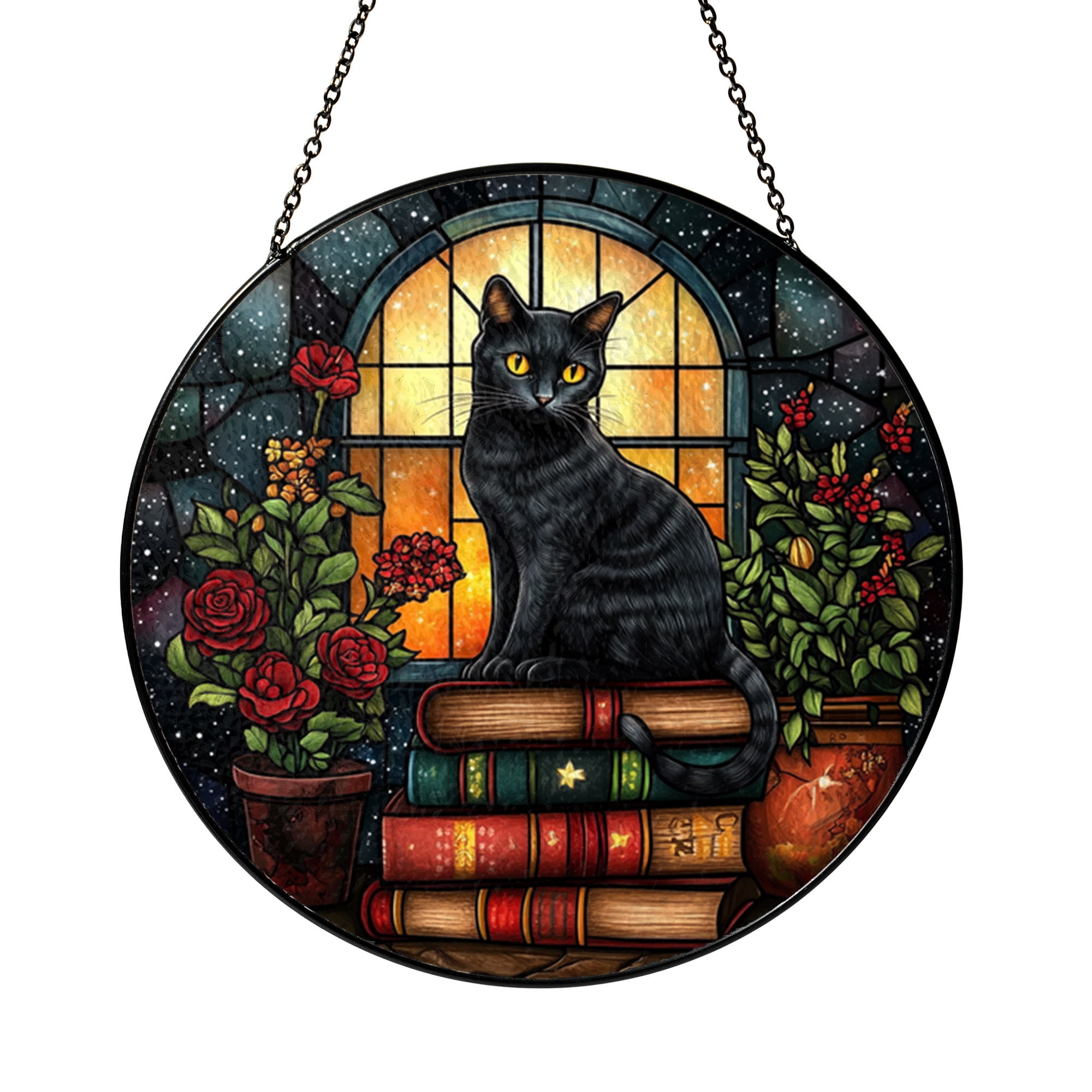 Black Cat Starry Night Stained Glass Round Suncatcher – Whimsical ...