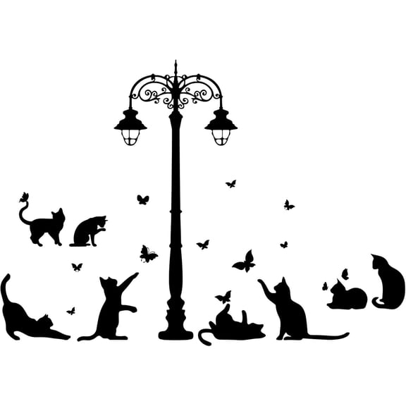 Black Cat Stickers Silhouette Street Lights Butterfly Wall Decal Decor Art Vinyl Door Wallpaper for Bedroom Living Room Home Kid's Room Decorations Wall Sticker Vinyl Transfer Black