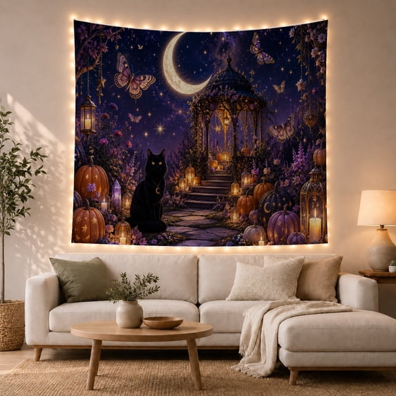 Black Cat on Stone Path to Moonlit Gazebo Garden, Mystical Gothic for Cat Lovers, Halloween Garden Decor, Halloween Gift, Tapestry Wall Hanging for Bedroom and Dorm